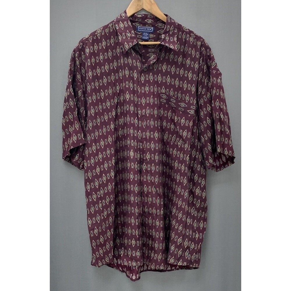 Savile Row Silk Button-up Short Sleeve Shirt Mens Size L XL Red Burgundy Diamond